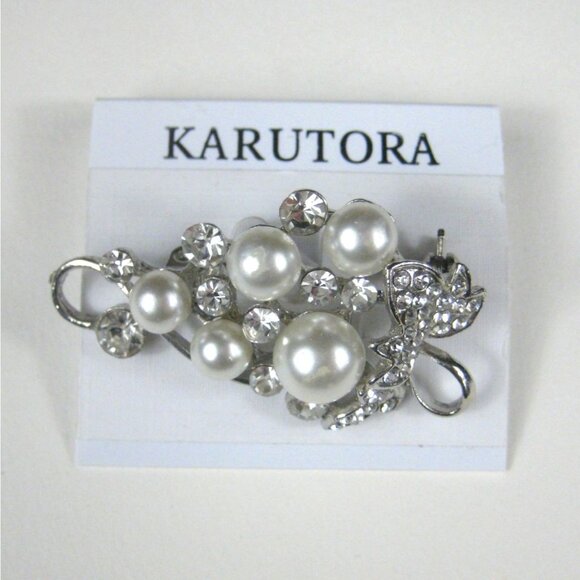 Karutora Grape Vine Brooch 1.9 inch Pin Jewelry Silvertone Imitation Pearl FLAW - Picture 2 of 7